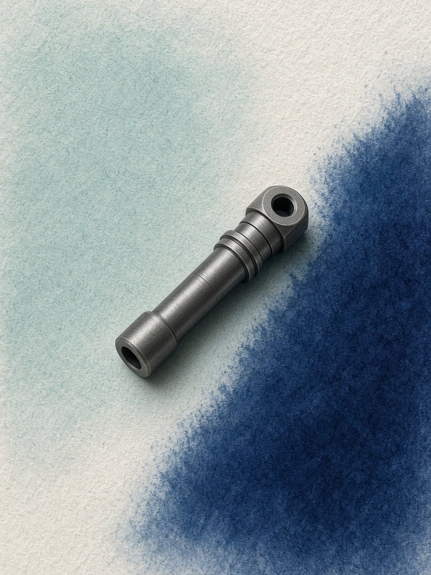 A machined steel component crossing pale aqua and indigo fields on paper.