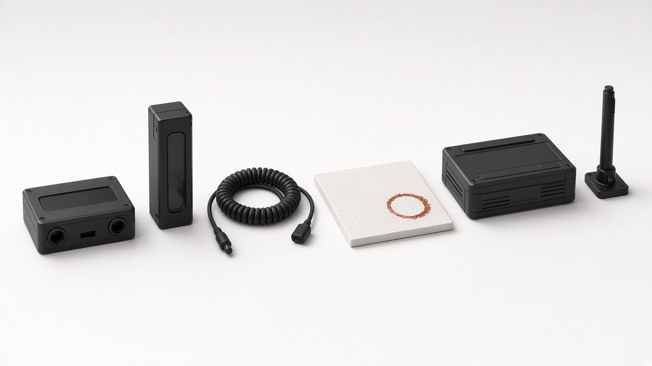 Organised technical objects on an unbleached field with a single vermilion accent.