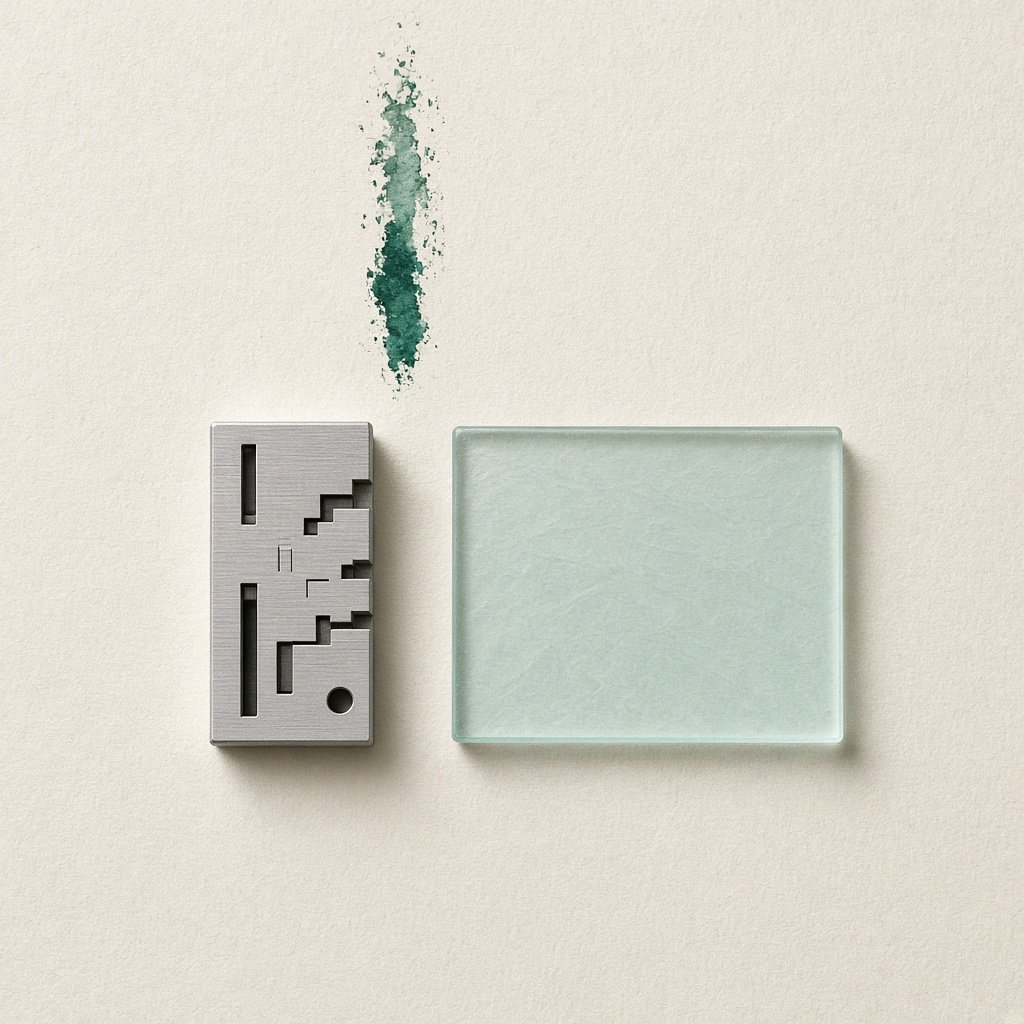 A precision block and pale aqua rectangle isolated on unbleached paper.