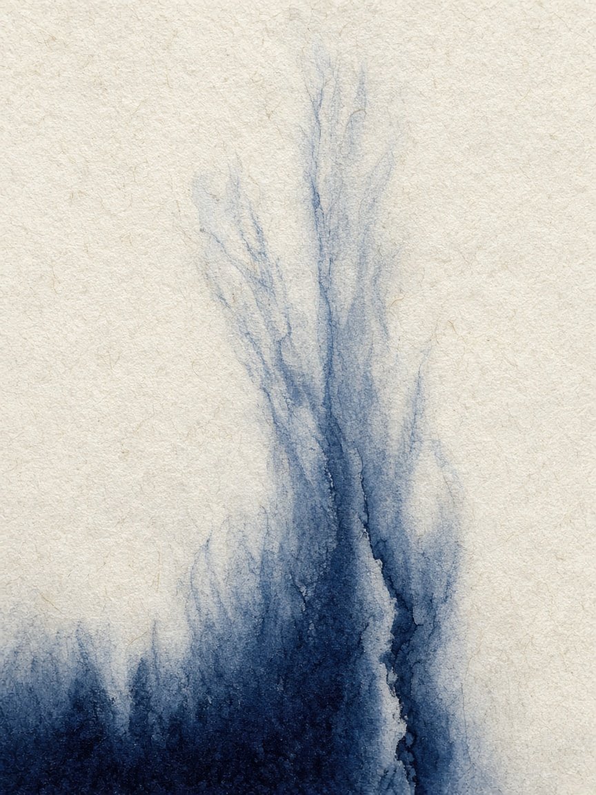 Vertical indigo pigment rising through paper fibres.
