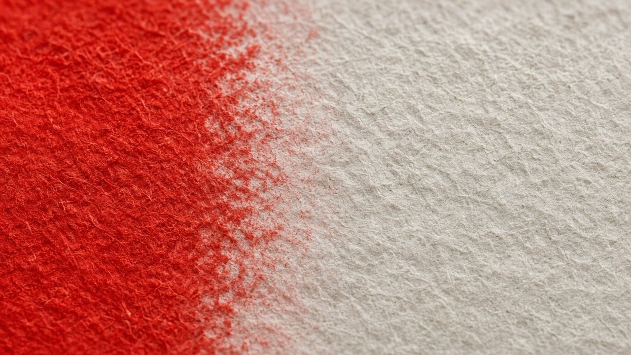 Dense vermilion pigment absorbed into cotton paper.