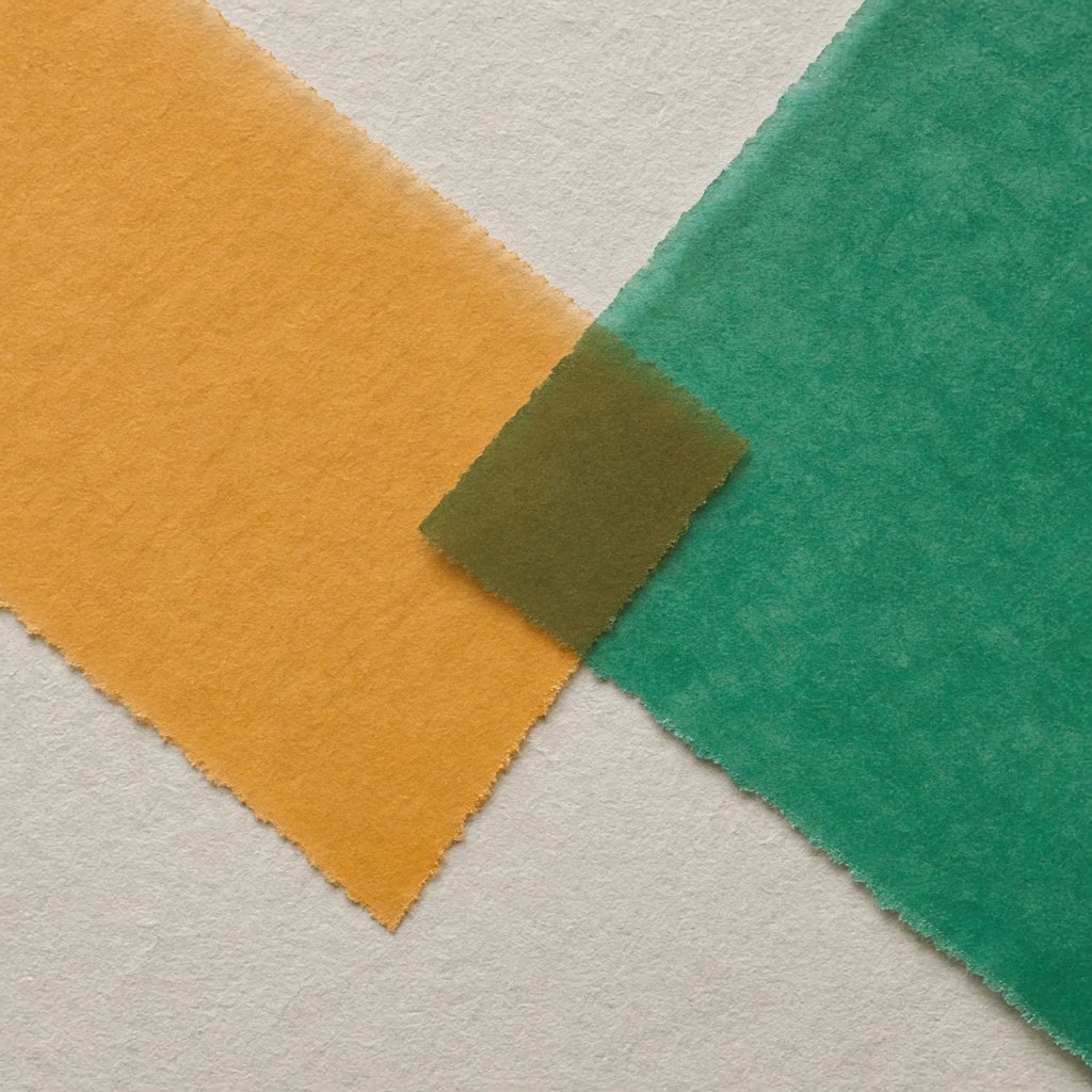 Saffron and malachite films overlapping on matte paper at a single darker intersection.
