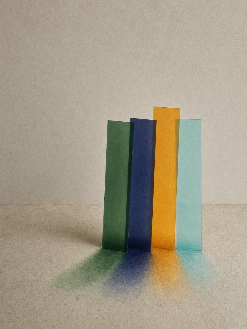 Stacked translucent colour films forming concentrated vertical bands on matte paper.