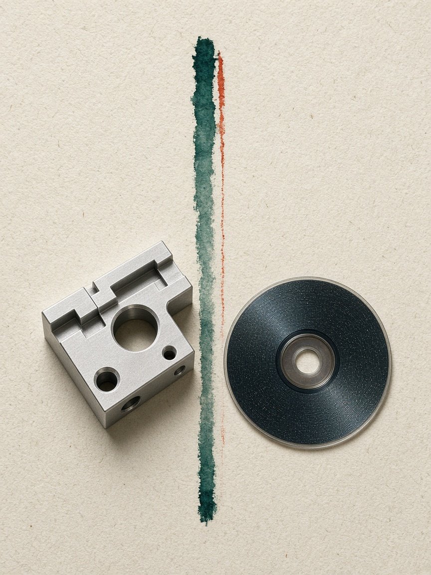 Precision components on raw cotton paper with a vertical malachite pigment trace.