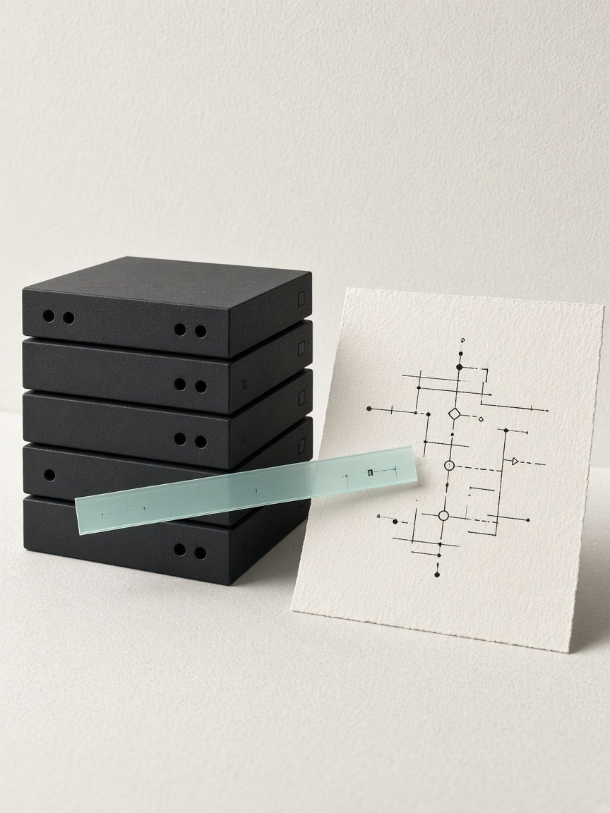 Stacked matte modules and a pale aqua strip arranged as a technical still life.