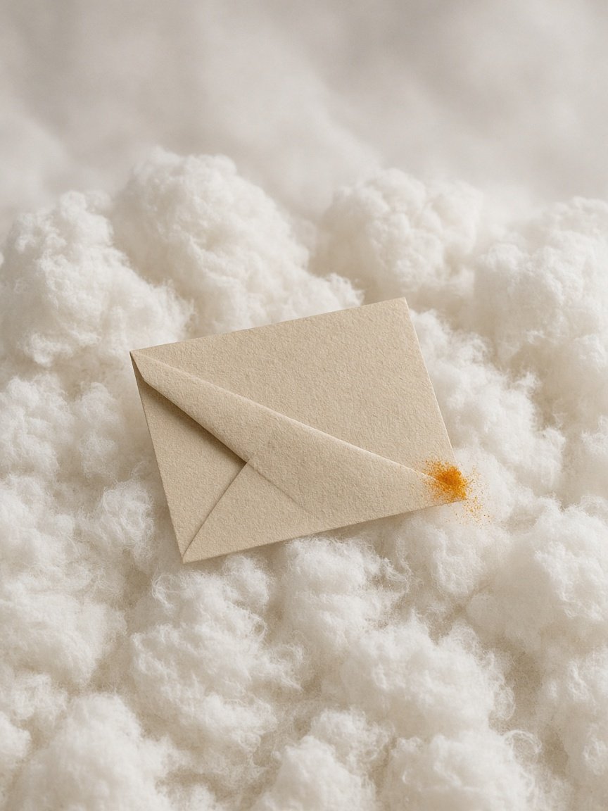 Folded unbleached paper with a small saffron mark at one edge.