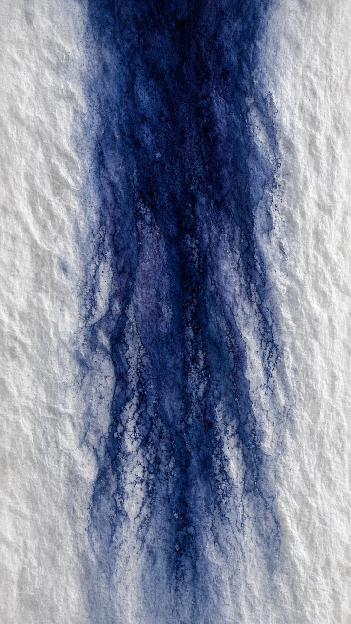 A tall indigo pigment column rising through paper fibres.